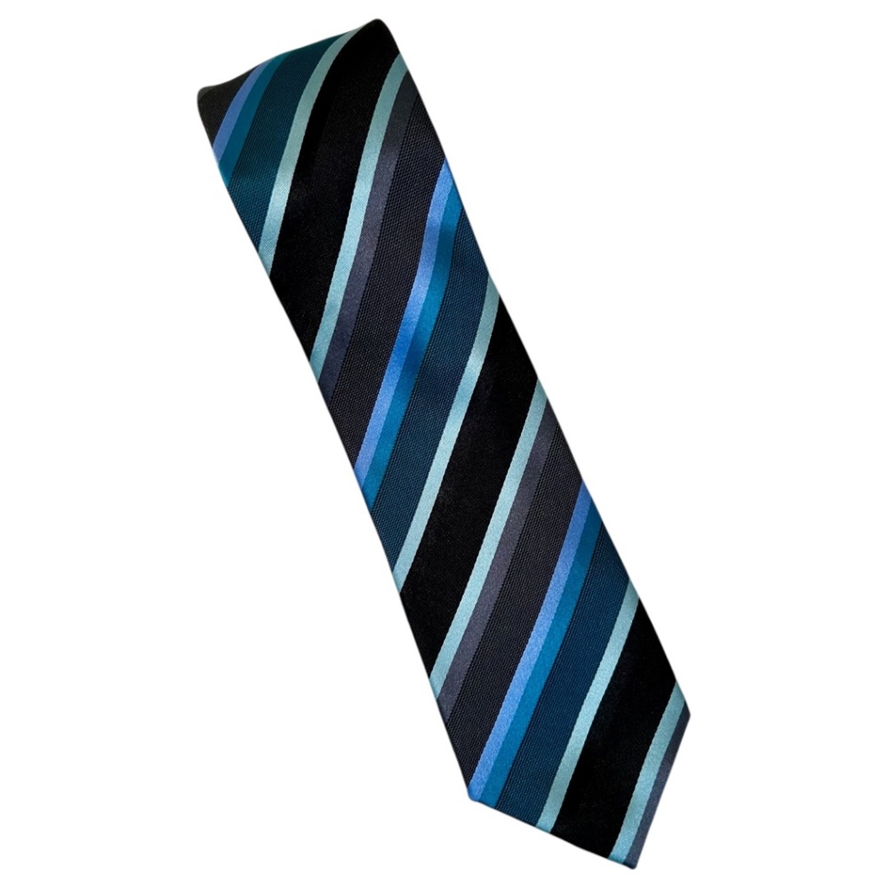 Tie Alfani Black Blue Teal Green Gray Striped Shiny 100% Silk Men's Tie